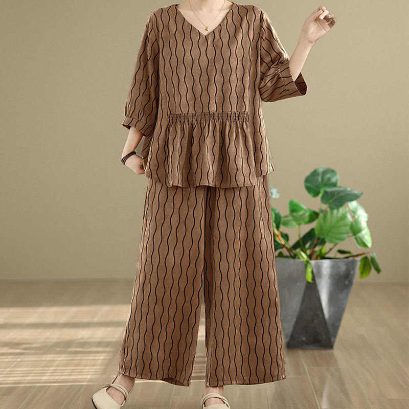 Buddha Stones Ensemble 2 pièces : chemise à manches courtes rayée en polyester, pantalon harem longueur 7 avec poches - Pérou - US12，UK/AU16，EU44 (3XL) - image 0