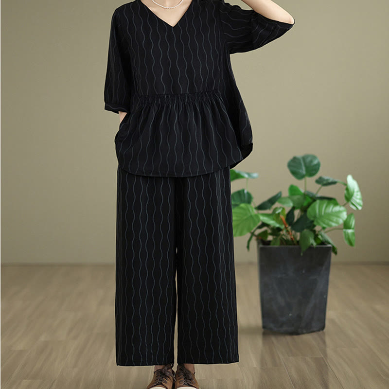 Buddha Stones Ensemble 2 pièces : chemise à manches courtes rayée en polyester, pantalon harem longueur 7 avec poches - image 13