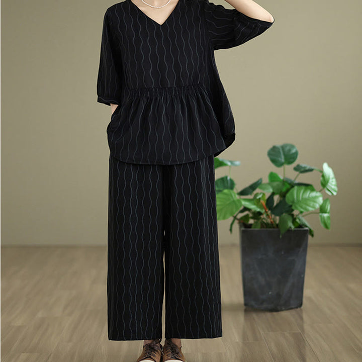 Buddha Stones Ensemble 2 pièces : chemise à manches courtes rayée en polyester, pantalon harem longueur 7 avec poches - image 13