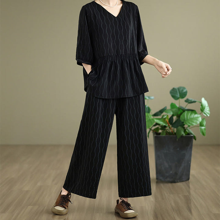 Buddha Stones Ensemble 2 pièces : chemise à manches courtes rayée en polyester, pantalon harem longueur 7 avec poches - Noir - US12，UK/AU16，EU44 (3XL) - image 10