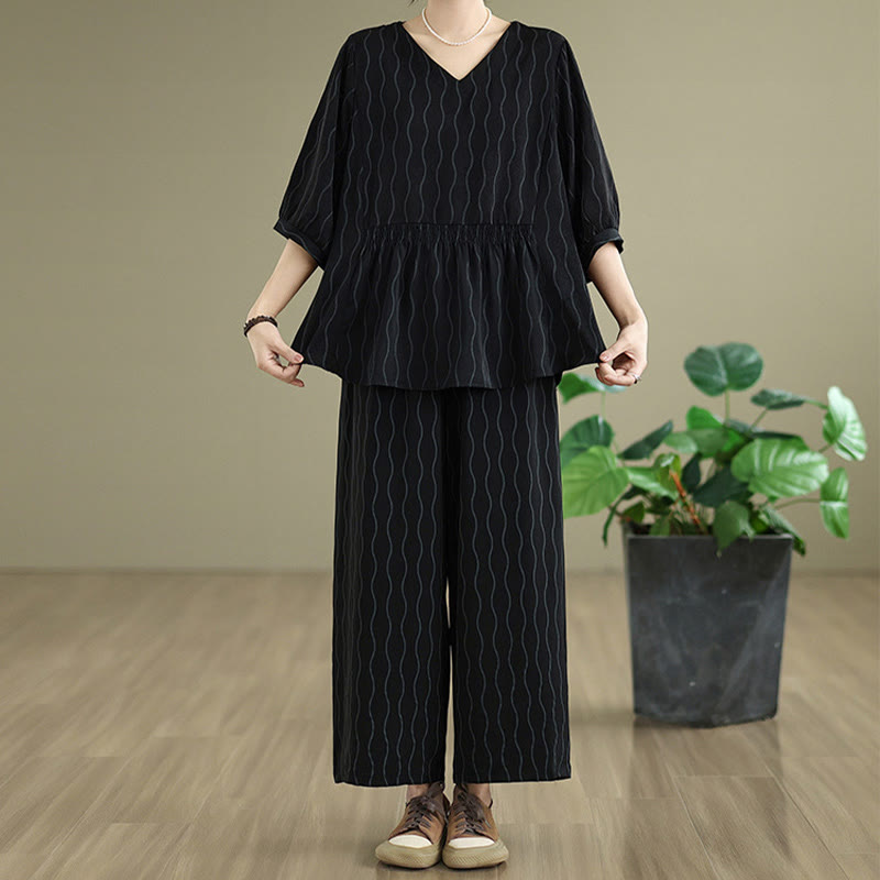 Buddha Stones Ensemble 2 pièces : chemise à manches courtes rayée en polyester, pantalon harem longueur 7 avec poches - image 12
