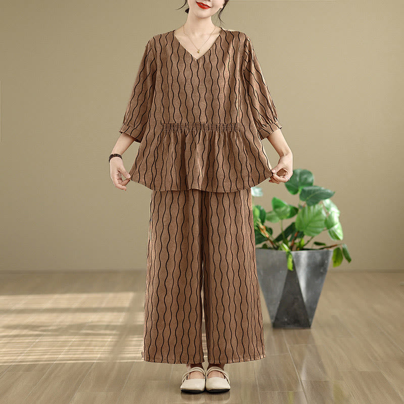 Buddha Stones Ensemble 2 pièces : chemise à manches courtes rayée en polyester, pantalon harem longueur 7 avec poches - image 2