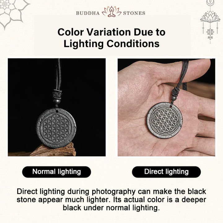 Collier pendentif en Buddha Stones, motif Fleur de Vie, sculpté dans une authentique pierre de shungite, symbole de protection. - image 4
