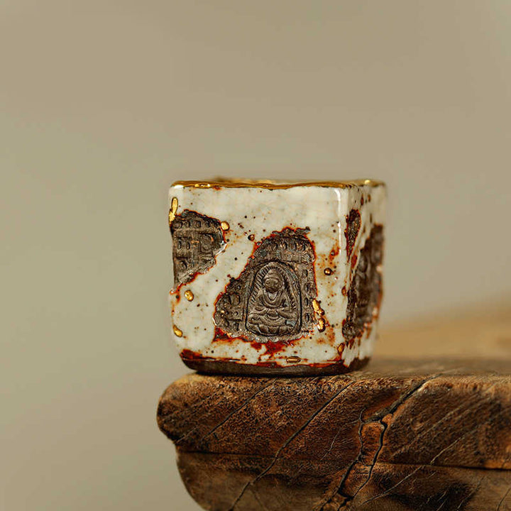 Buddha Stones Tasse à thé en céramique Shino de Dunhuang, peinte à la main, motif Bouddha et tasse à thé Kung Fu - Gobelet carré 5,5 cm x 5,7 cm x 100 ml - image 0