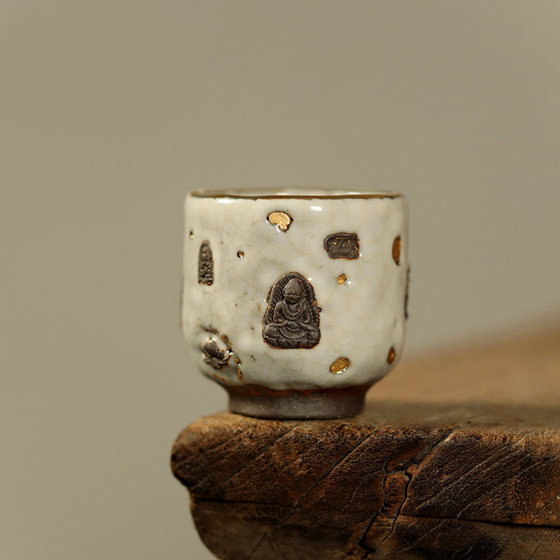 Buddha Stones Tasse à thé en céramique Shino de Dunhuang, peinte à la main, motif Bouddha et tasse à thé Kung Fu - Gobelet rond 5,5 cm x 5,7 cm x 100 ml - image 9