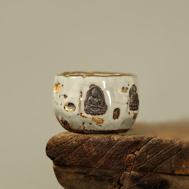 Buddha Stones Tasse à thé en céramique Shino de Dunhuang, peinte à la main, motif Bouddha et tasse à thé Kung Fu - Petite tasse ronde 5 cm x 4 cm x 50 ml - image 10