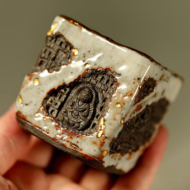 Buddha Stones Tasse à thé en céramique Shino de Dunhuang, peinte à la main, motif Bouddha et tasse à thé Kung Fu - image 1