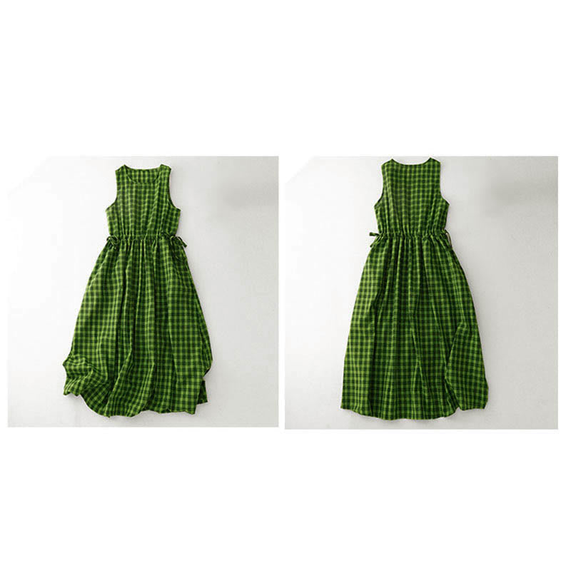 Buddha Stones Robe midi d'été sans manches à carreaux avec poches - image 14