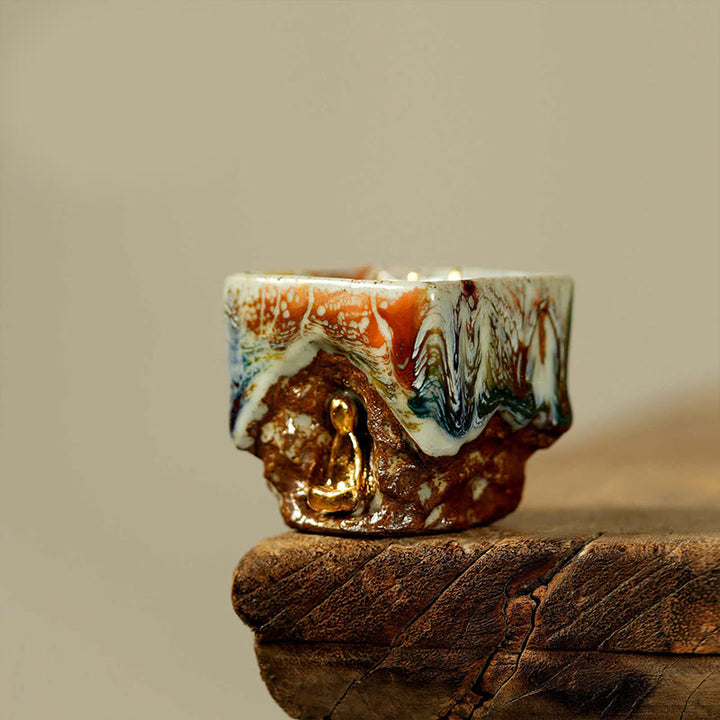 Buddha Stones Tasse à thé en céramique Shino peinte à la main représentant un Bouddha méditant de Dunhuang - Bouddha en méditation 6 cm x 6 cm x 75 ml - image 0