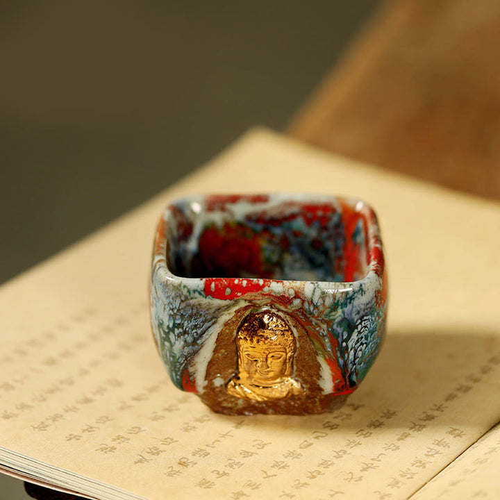 Buddha Stones Tasse à thé en céramique Shino peinte à la main représentant un Bouddha méditant de Dunhuang - Bouddha 7 cm x 5,5 cm x 125 ml - image 7