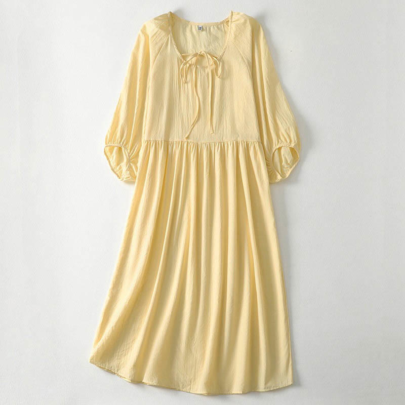 Buddha Stones Robe midi femme à manches trois-quarts, col rond et lacets, couleur unie printanière - LemonChiffon - US12，UK/AU16，EU44 (2XL) - image 11