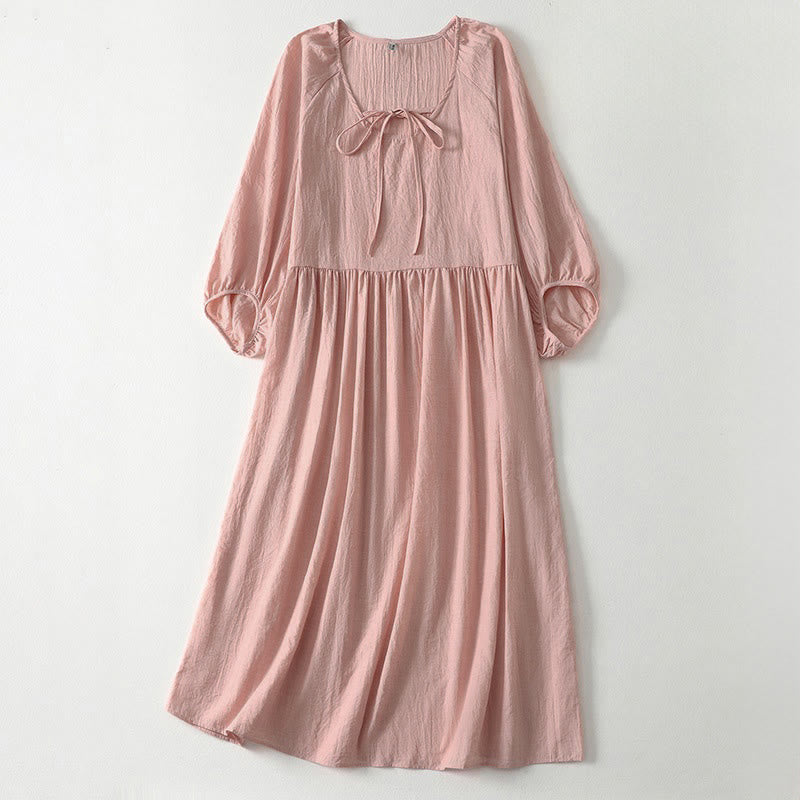Buddha Stones Robe midi femme à manches trois-quarts, col rond et lacets, couleur unie printanière - Rose clair - US12，UK/AU16，EU44 (2XL) - image 0