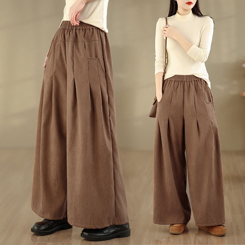 Buddha Stones Pantalon large en velours côtelé marron uni pour femme, avec poches, collection printemps - Pérou - US8-10，UK/AU12-14，EU40-42 (2XL) - image 0