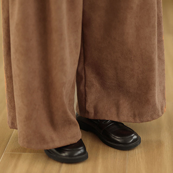 Buddha Stones Pantalon large en velours côtelé marron uni pour femme, avec poches, collection printemps - image 10