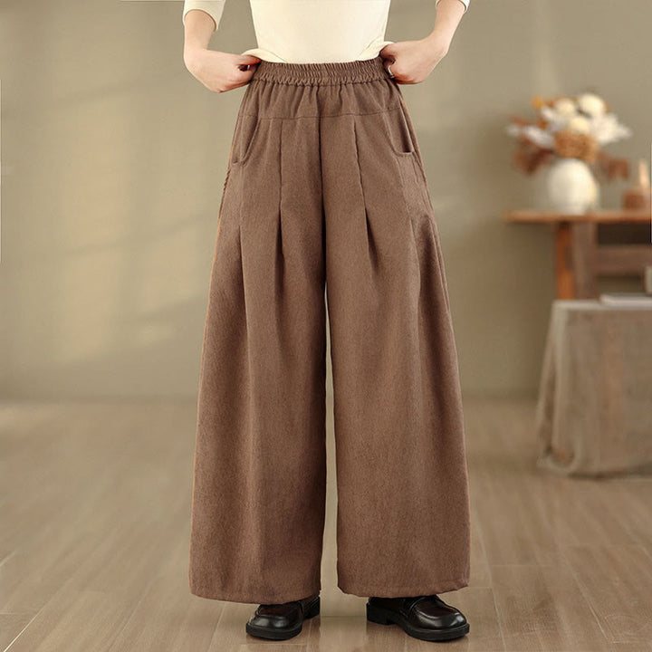 Buddha Stones Pantalon large en velours côtelé marron uni pour femme, avec poches, collection printemps - image 2