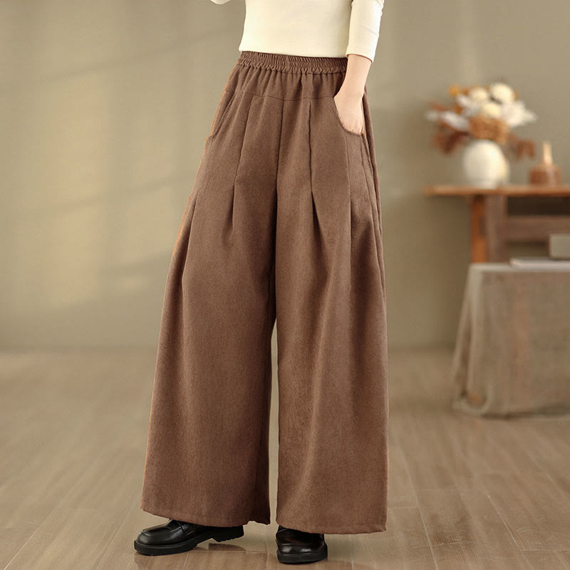 Buddha Stones Pantalon large en velours côtelé marron uni pour femme, avec poches, collection printemps - image 3