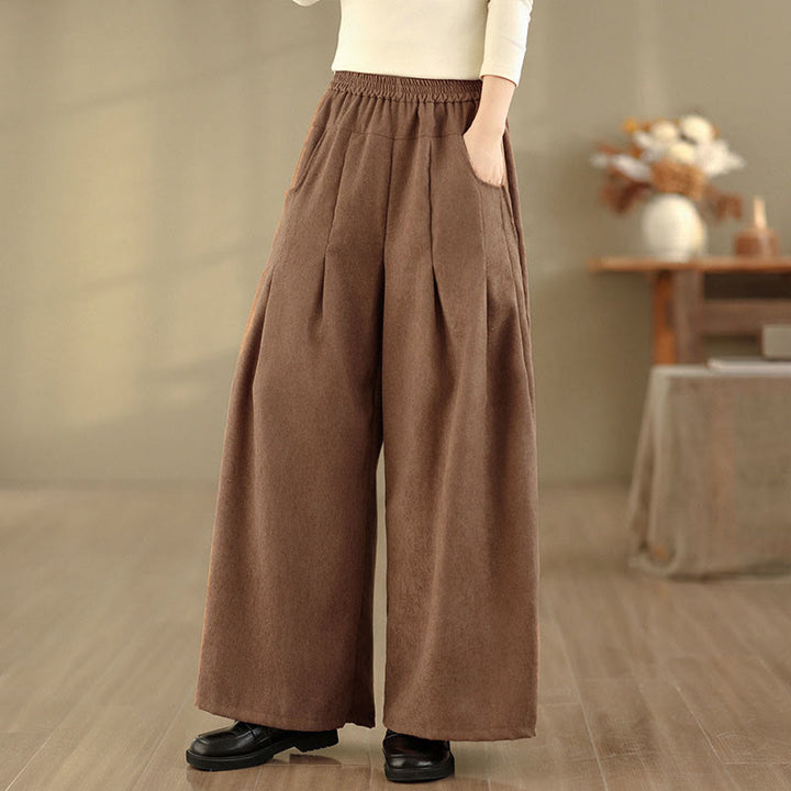 Buddha Stones Pantalon large en velours côtelé marron uni pour femme, avec poches, collection printemps - image 3