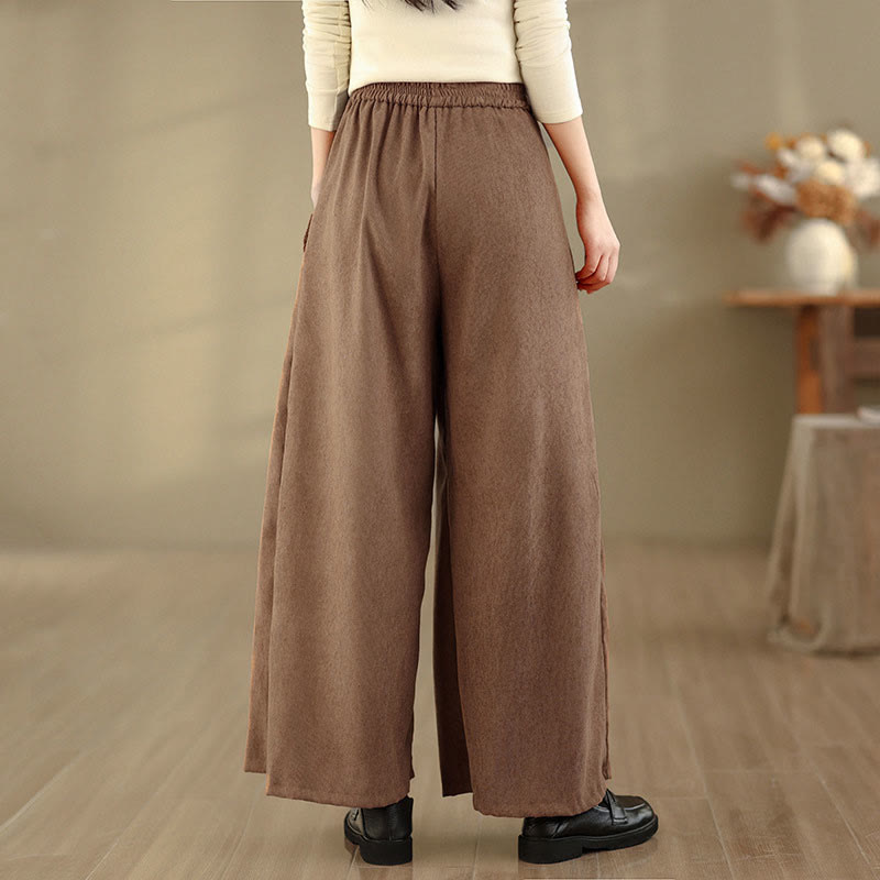 Buddha Stones Pantalon large en velours côtelé marron uni pour femme, avec poches, collection printemps - image 4