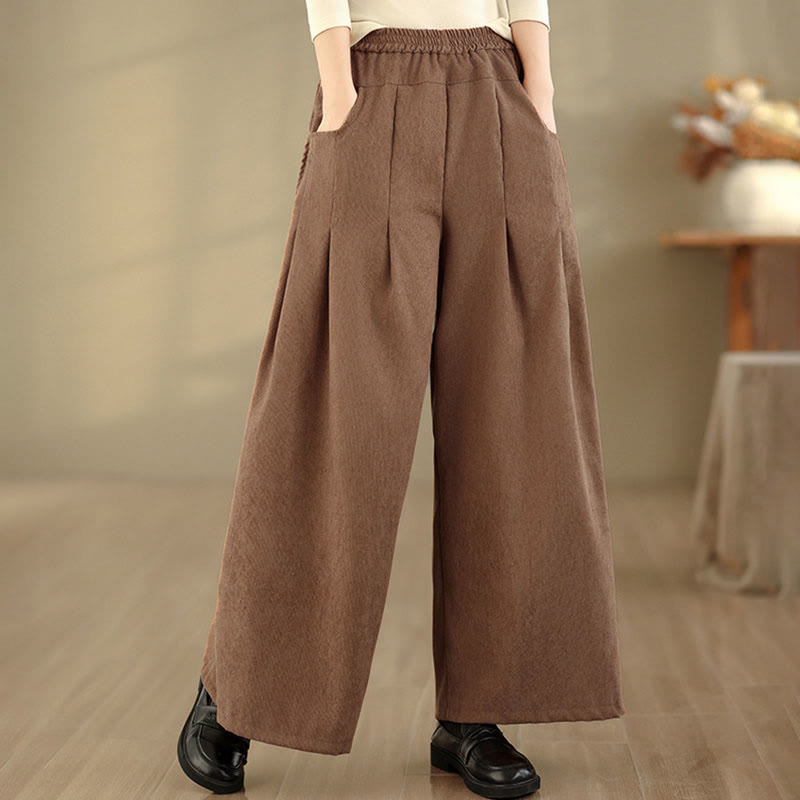 Buddha Stones Pantalon large en velours côtelé marron uni pour femme, avec poches, collection printemps - image 1