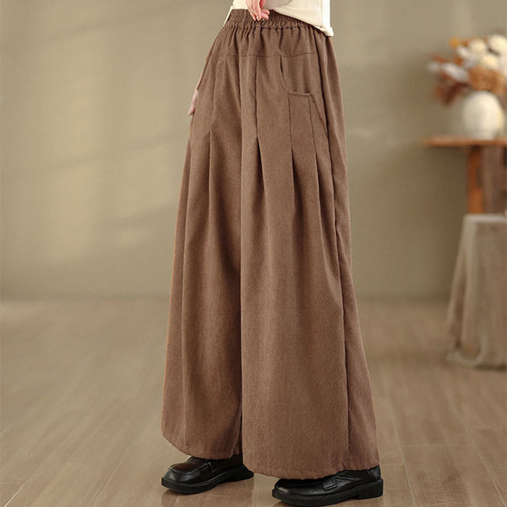 Buddha Stones Pantalon large en velours côtelé marron uni pour femme, avec poches, collection printemps - image 5
