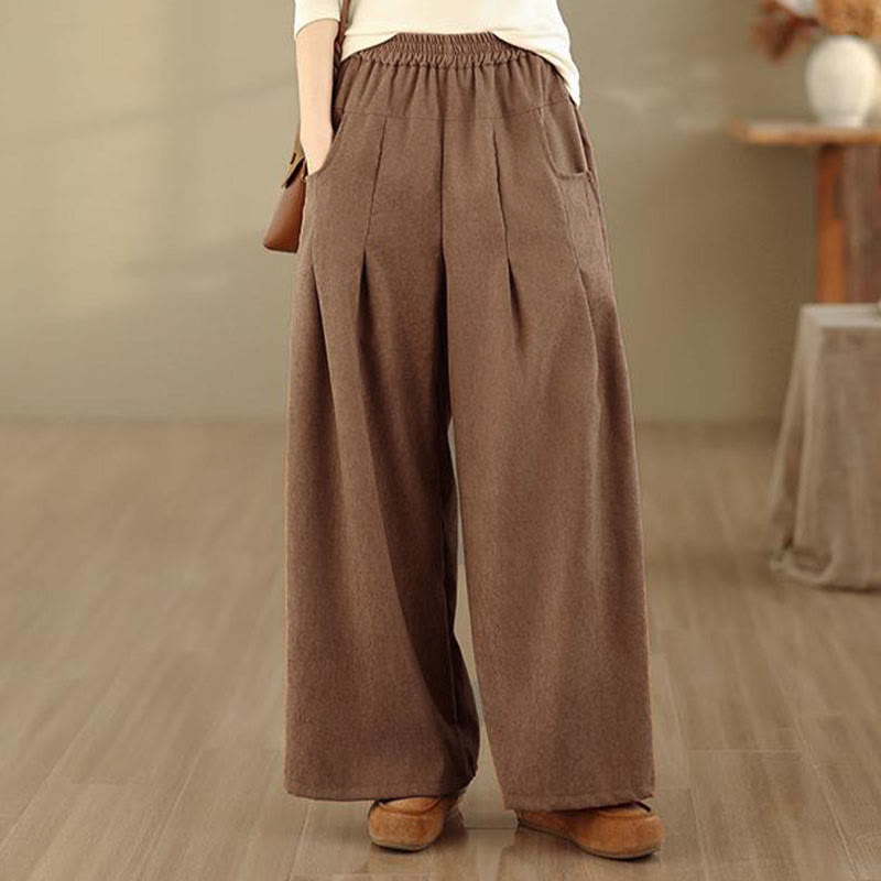 Buddha Stones Pantalon large en velours côtelé marron uni pour femme, avec poches, collection printemps - image 6
