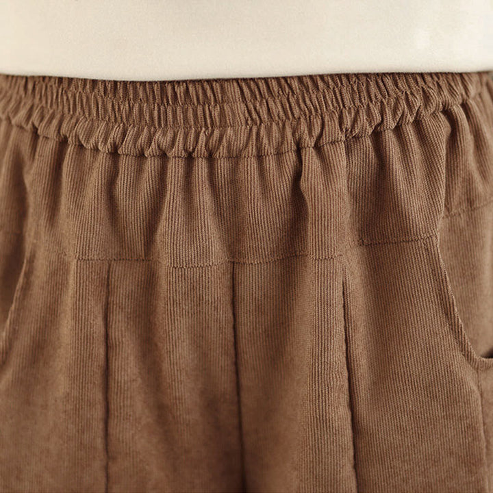 Buddha Stones Pantalon large en velours côtelé marron uni pour femme, avec poches, collection printemps - image 7