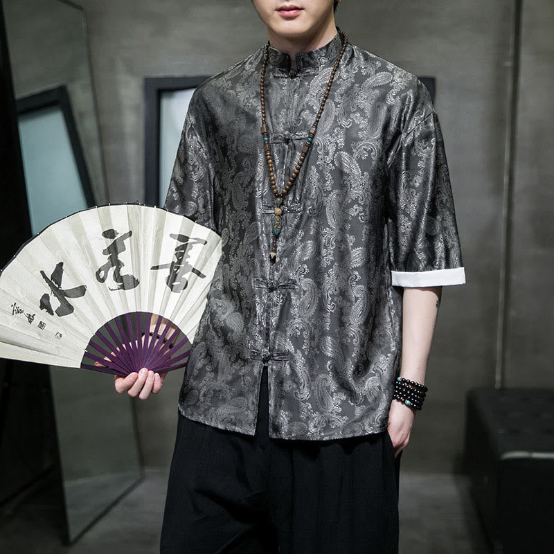 Buddha Stones Chemises à manches courtes pour hommes à motif de fleurs de cajou d'été et boutons brandebourg - Gris - US/UK/AU46，EU56 (5XL) - image 0