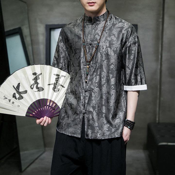 Buddha Stones Chemises à manches courtes pour hommes à motif de fleurs de cajou d'été et boutons brandebourg - Gris - US/UK/AU46，EU56 (5XL) - image 0