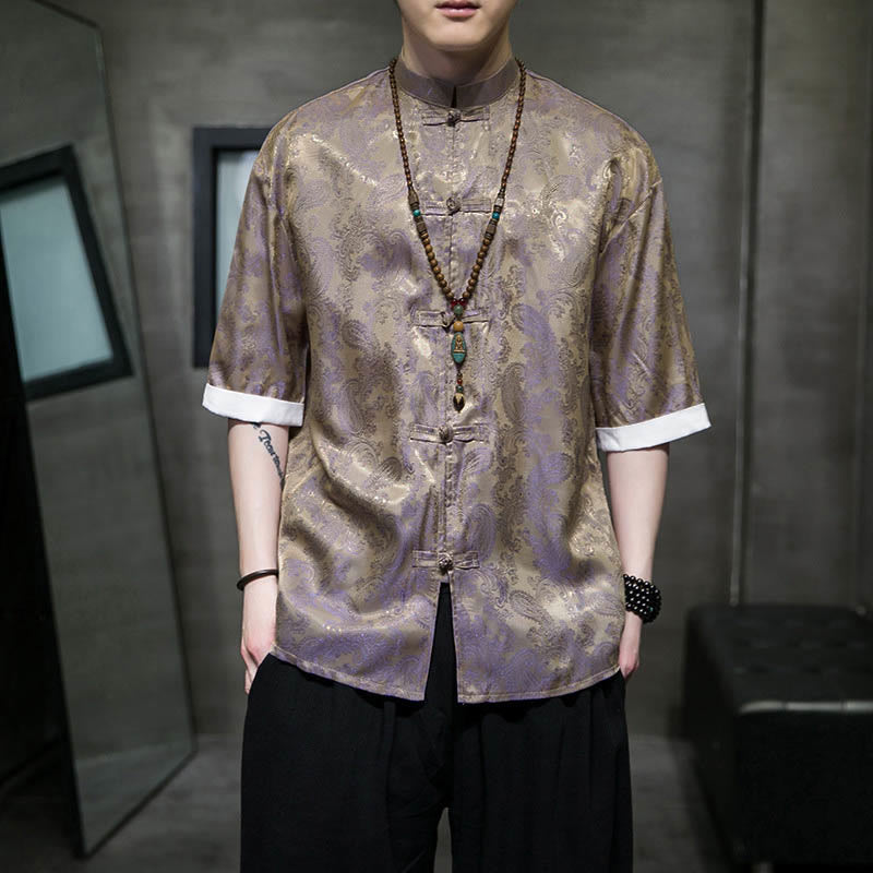 Buddha Stones Chemises à manches courtes pour hommes à motif de fleurs de cajou d'été et boutons brandebourg - Tanné - US/UK/AU46，EU56 (5XL) - image 39