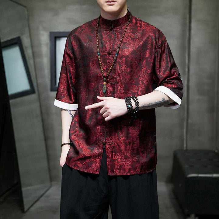 Buddha Stones Chemises à manches courtes pour hommes à motif de fleurs de cajou d'été et boutons brandebourg - Bordeaux - US/UK/AU46，EU56 (5XL) - image 19