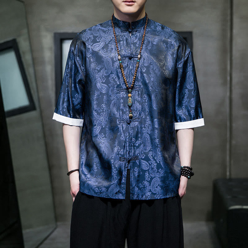 Buddha Stones Chemises à manches courtes pour hommes à motif de fleurs de cajou d'été et boutons brandebourg - Bleu royal - US/UK/AU46，EU56 (5XL) - image 28