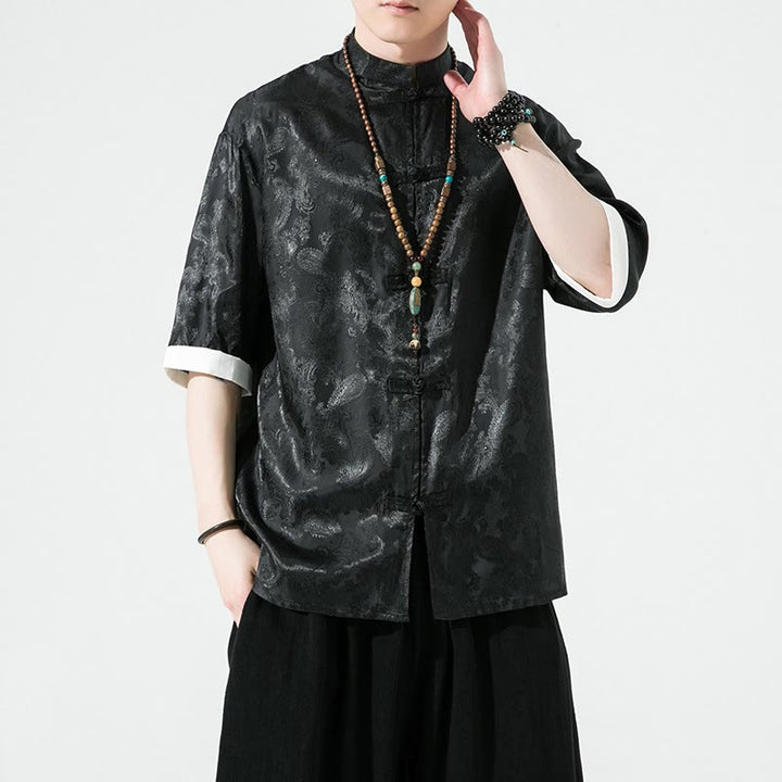 Buddha Stones Chemises à manches courtes pour hommes à motif de fleurs de cajou d'été et boutons brandebourg - Noir - US/UK/AU46，EU56 (5XL) - image 10