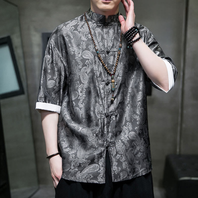 Buddha Stones Chemises à manches courtes pour hommes à motif de fleurs de cajou d'été et boutons brandebourg - image 1