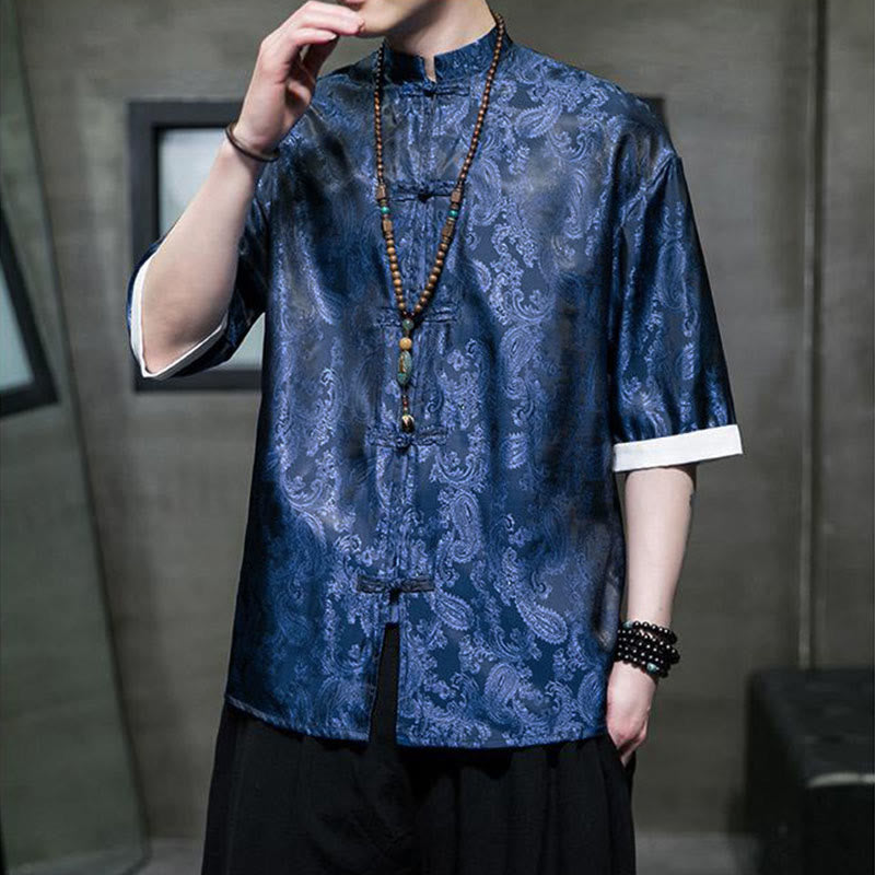 Buddha Stones Chemises à manches courtes pour hommes à motif de fleurs de cajou d'été et boutons brandebourg - image 31