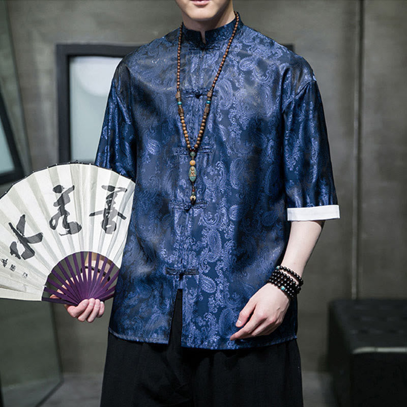 Buddha Stones Chemises à manches courtes pour hommes à motif de fleurs de cajou d'été et boutons brandebourg - image 32