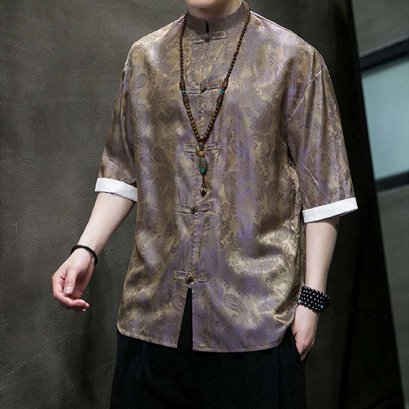 Buddha Stones Chemises à manches courtes pour hommes à motif de fleurs de cajou d'été et boutons brandebourg - image 44