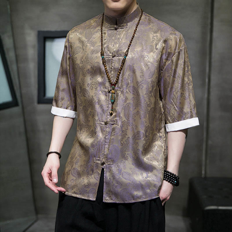 Buddha Stones Chemises à manches courtes pour hommes à motif de fleurs de cajou d'été et boutons brandebourg - image 45