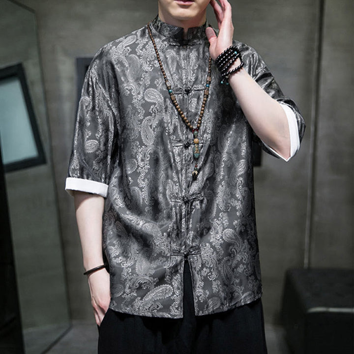 Buddha Stones Chemises à manches courtes pour hommes à motif de fleurs de cajou d'été et boutons brandebourg - image 3