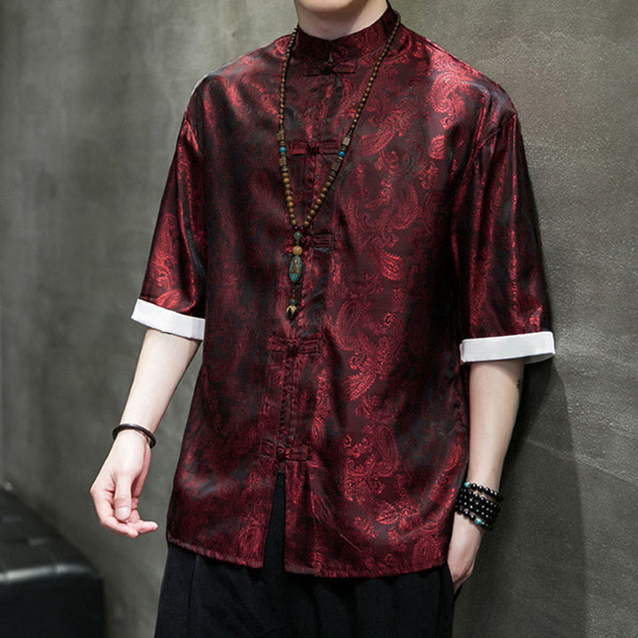 Buddha Stones Chemises à manches courtes pour hommes à motif de fleurs de cajou d'été et boutons brandebourg - image 26