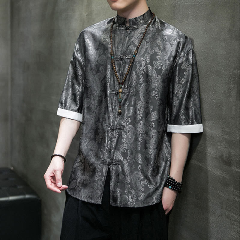 Buddha Stones Chemises à manches courtes pour hommes à motif de fleurs de cajou d'été et boutons brandebourg - image 4