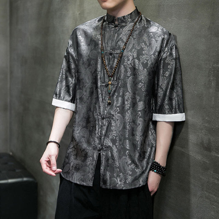 Buddha Stones Chemises à manches courtes pour hommes à motif de fleurs de cajou d'été et boutons brandebourg - image 4