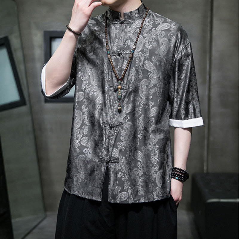 Buddha Stones Chemises à manches courtes pour hommes à motif de fleurs de cajou d'été et boutons brandebourg - image 7