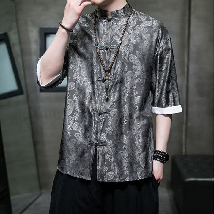 Buddha Stones Chemises à manches courtes pour hommes à motif de fleurs de cajou d'été et boutons brandebourg - image 7