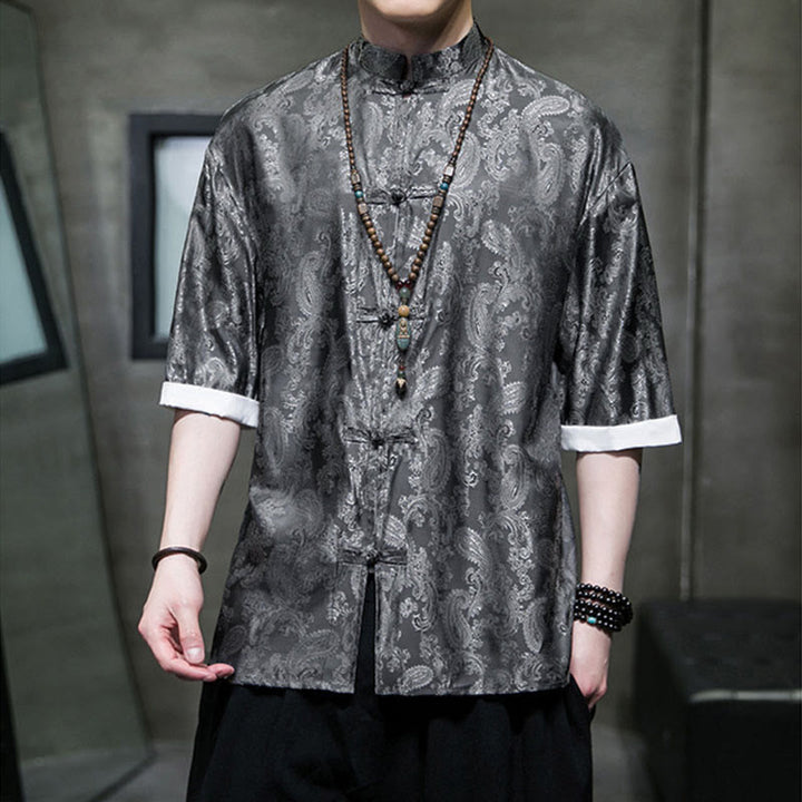 Buddha Stones Chemises à manches courtes pour hommes à motif de fleurs de cajou d'été et boutons brandebourg - image 8