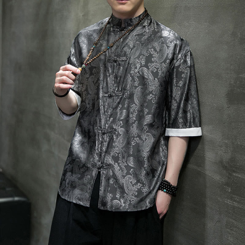 Buddha Stones Chemises à manches courtes pour hommes à motif de fleurs de cajou d'été et boutons brandebourg - image 9