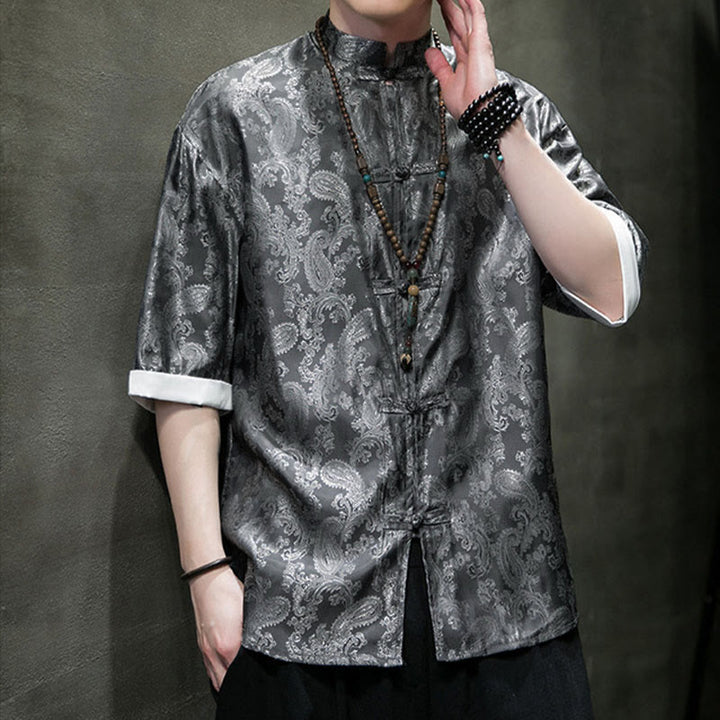 Buddha Stones Chemises à manches courtes pour hommes à motif de fleurs de cajou d'été et boutons brandebourg - image 6