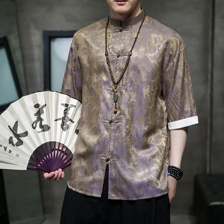 Buddha Stones Chemises à manches courtes pour hommes à motif de fleurs de cajou d'été et boutons brandebourg - image 46