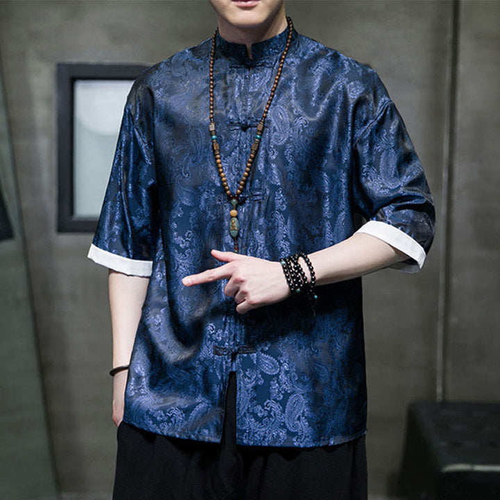 Buddha Stones Chemises à manches courtes pour hommes à motif de fleurs de cajou d'été et boutons brandebourg - image 35