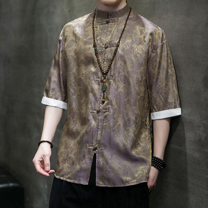 Buddha Stones Chemises à manches courtes pour hommes à motif de fleurs de cajou d'été et boutons brandebourg - image 47