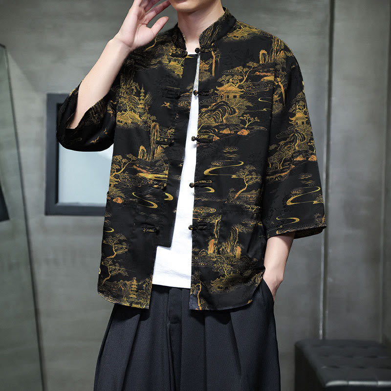 Buddha Stones Chemise homme à manches trois-quarts, manches 3/4, motif grenouille printanière et dragon, avec poches - Noir - US/UK/AU44，EU54 (5XL) - image 29